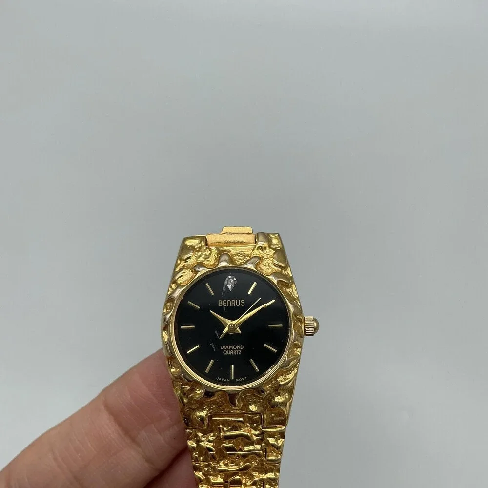 Benrus Womens Watch 22mm Black Dial Gold Tone Textured Bracelet New Battery 6.5